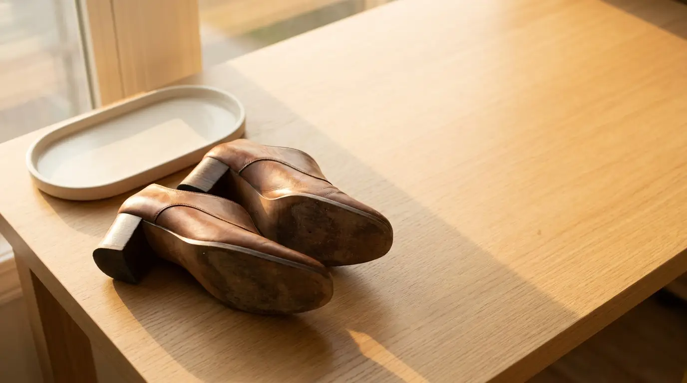 Brown leather shoes resting on wooden table under warm sunlight