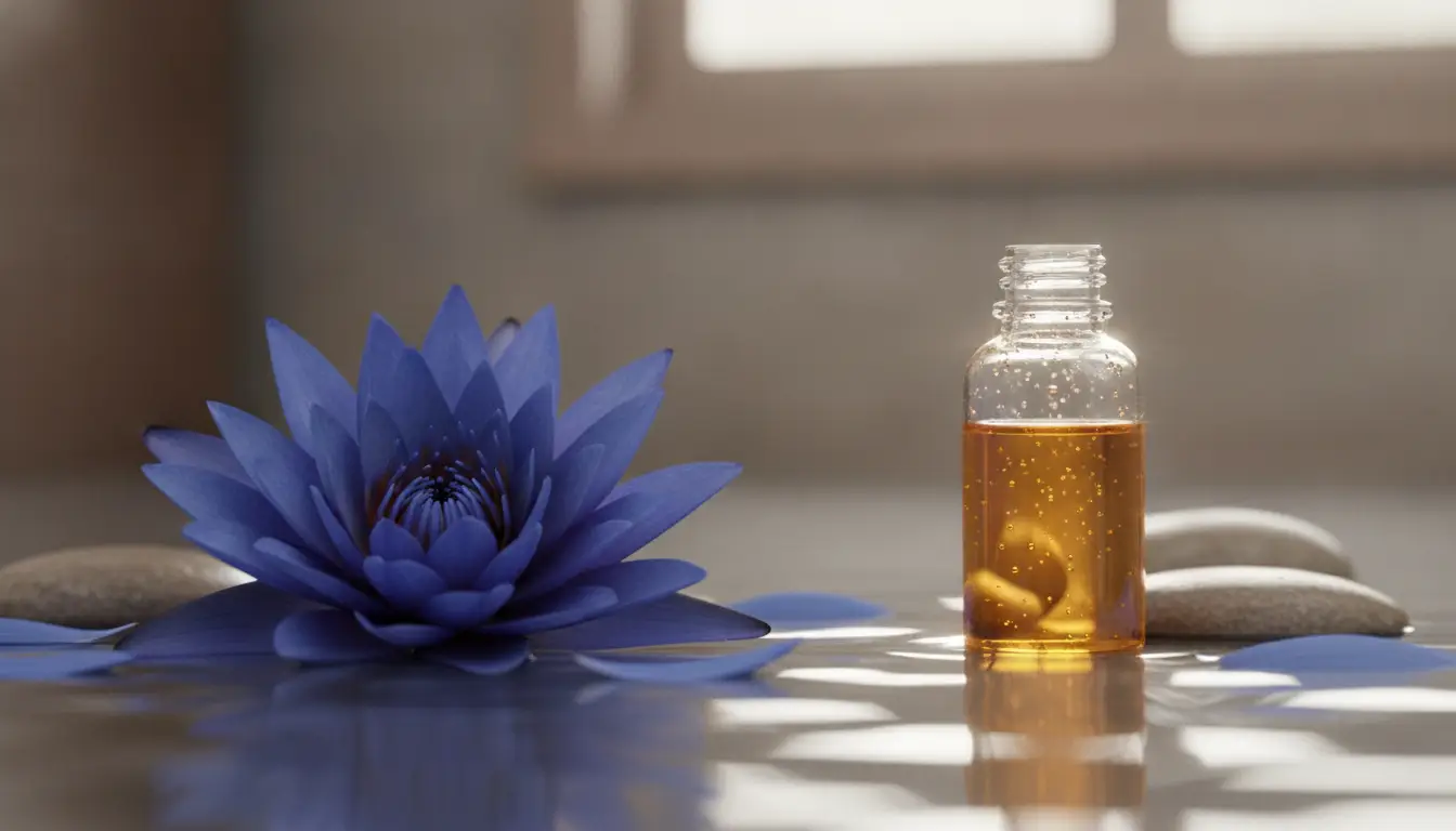 Blue lotus flower next to amber oil bottle on reflective surface in soft natural light