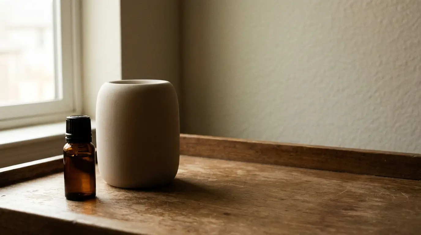 Small amber bottle and ceramic diffuser on wooden tray by window in soft natural light