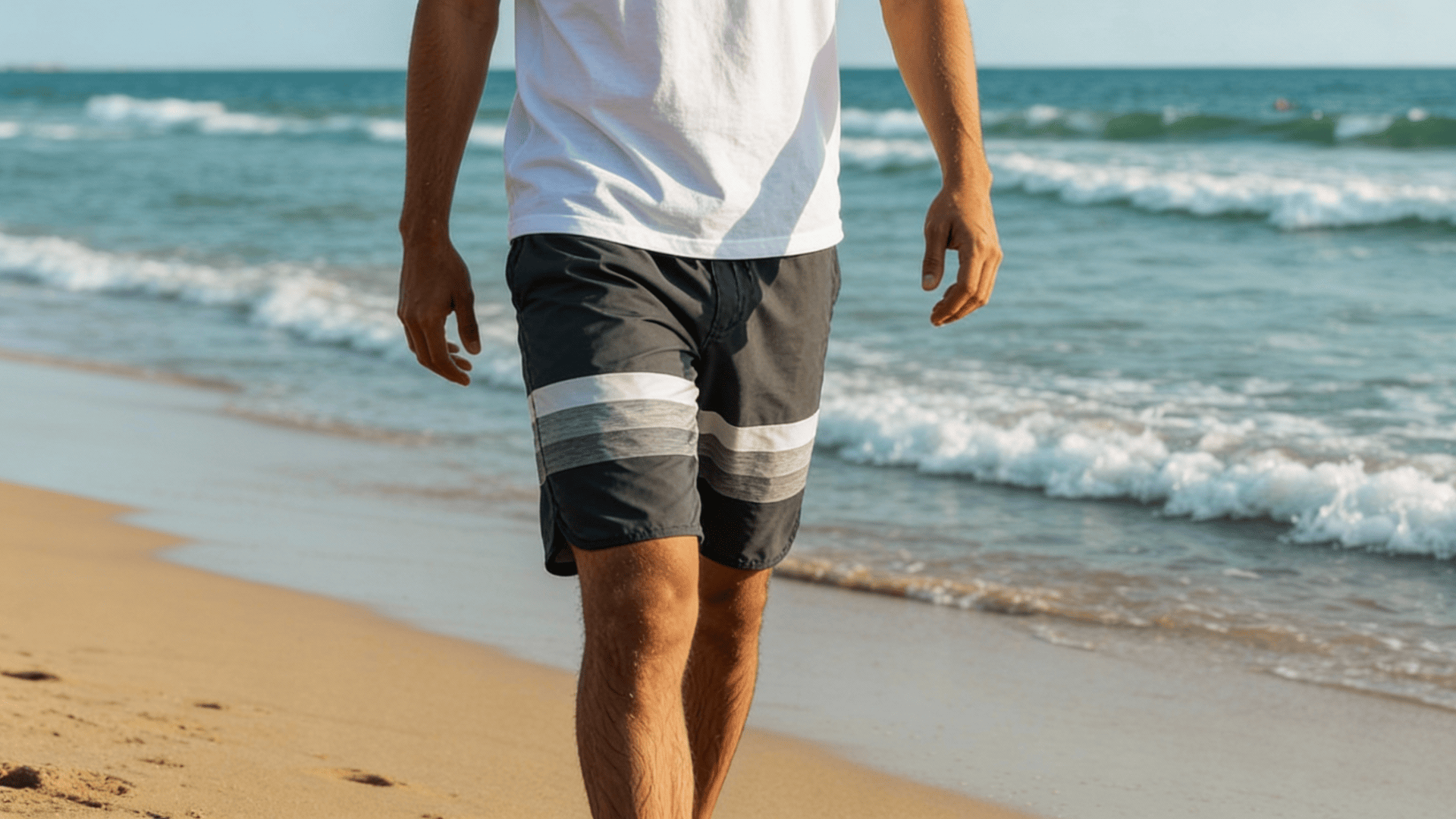 Quick-dry board shorts for men in a beach setting