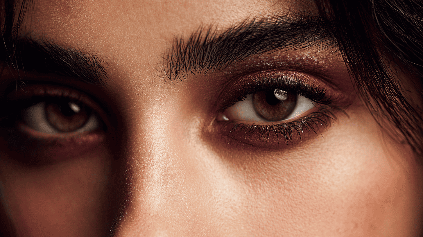 Woman wearing deep burgundy eyeshadow with soft smoky eye makeup that enhances brown eyes.