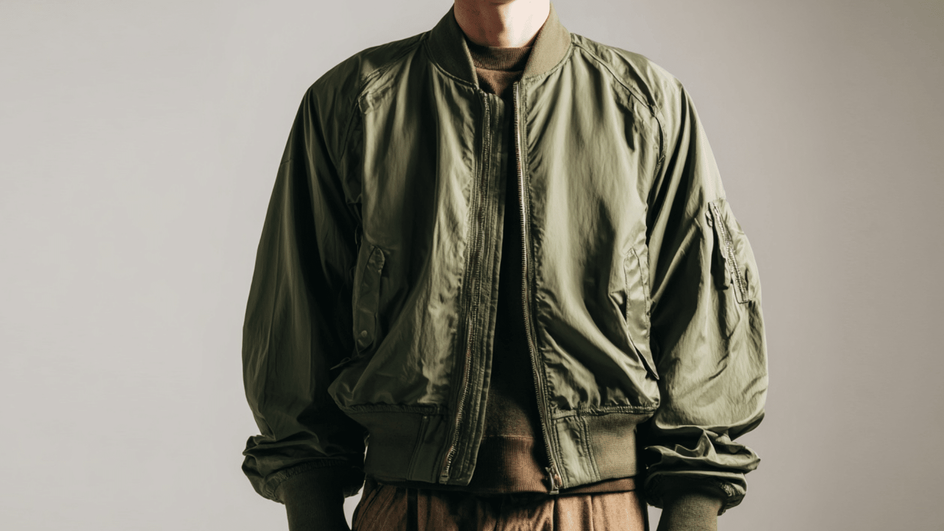 Classic bomber jacket with ribbed cuffs, front zipper, and casual military inspired style