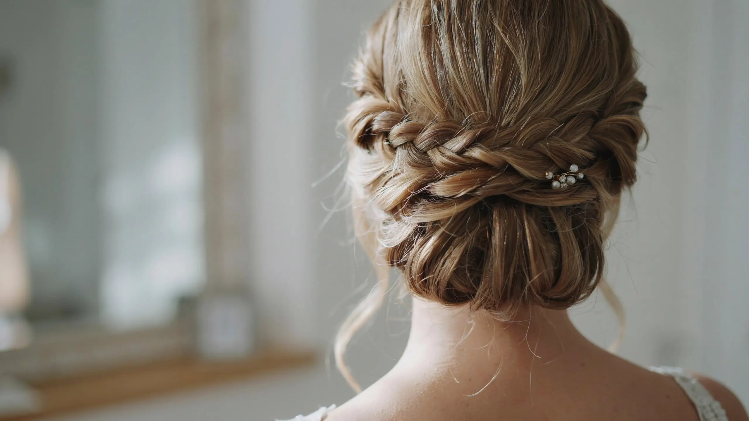Braided bridal updo hairstyles with a pearl accented low bun
