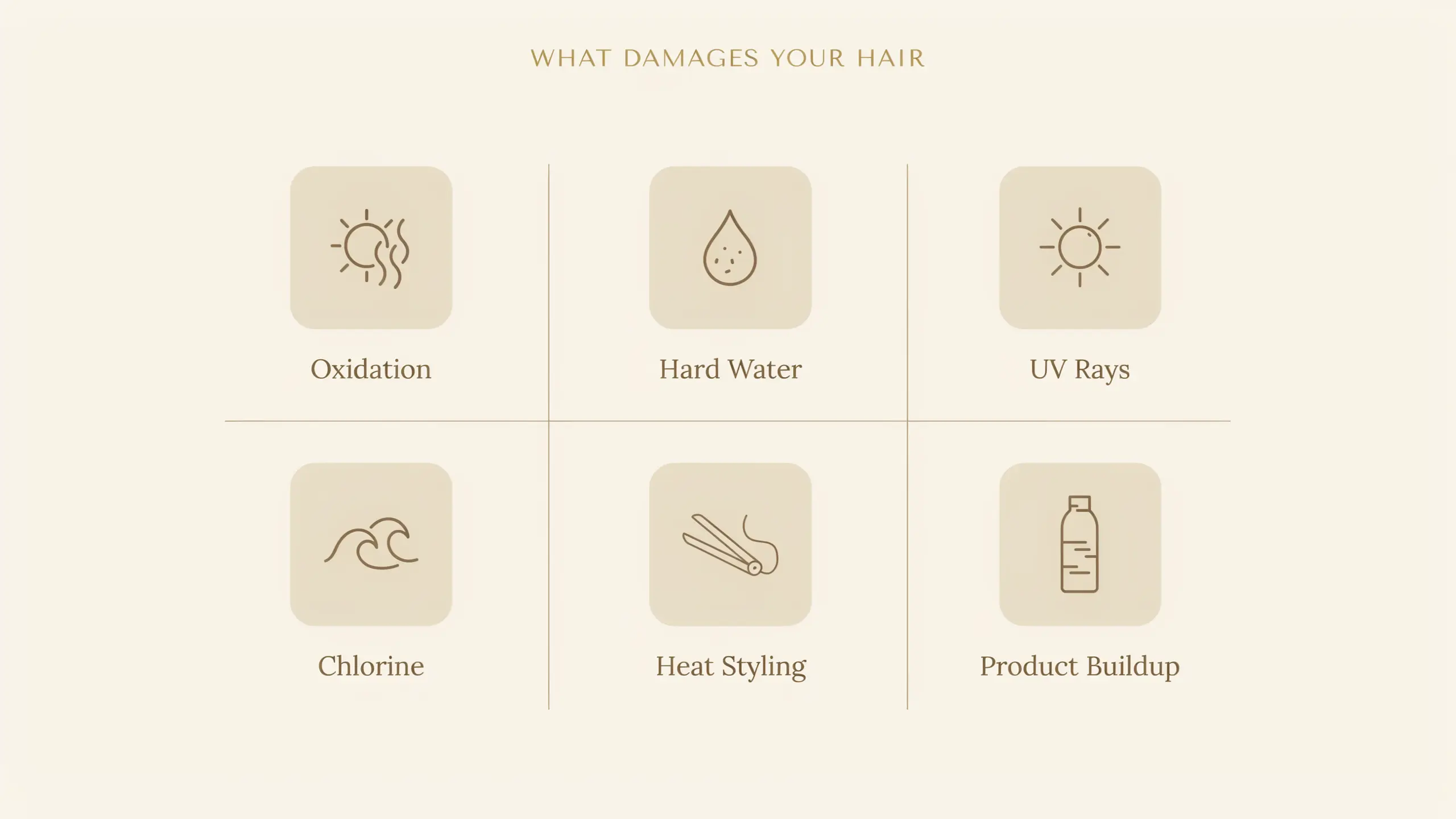 Infographic showing six factors that damage hair including oxidation, hard water, UV rays, chlorine, heat styling, and product buildup.