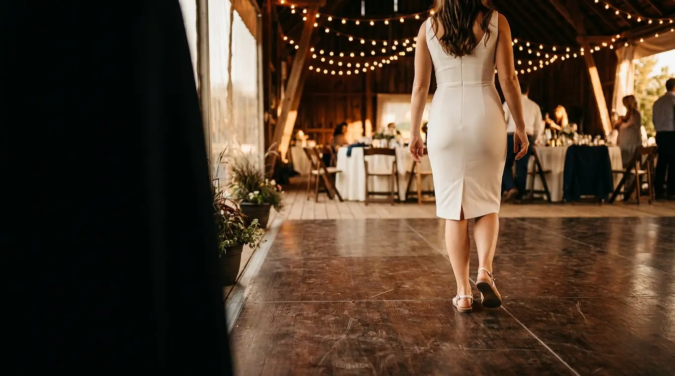 Woman in white dress walking on wooden floor in warmly lit barn with string lights