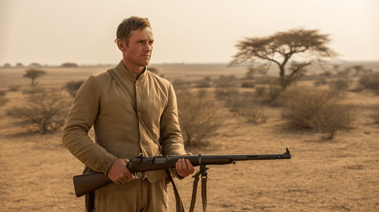 Man wearing a khaki outfit in a desert landscape showing the timeless versatility of khaki color fashion