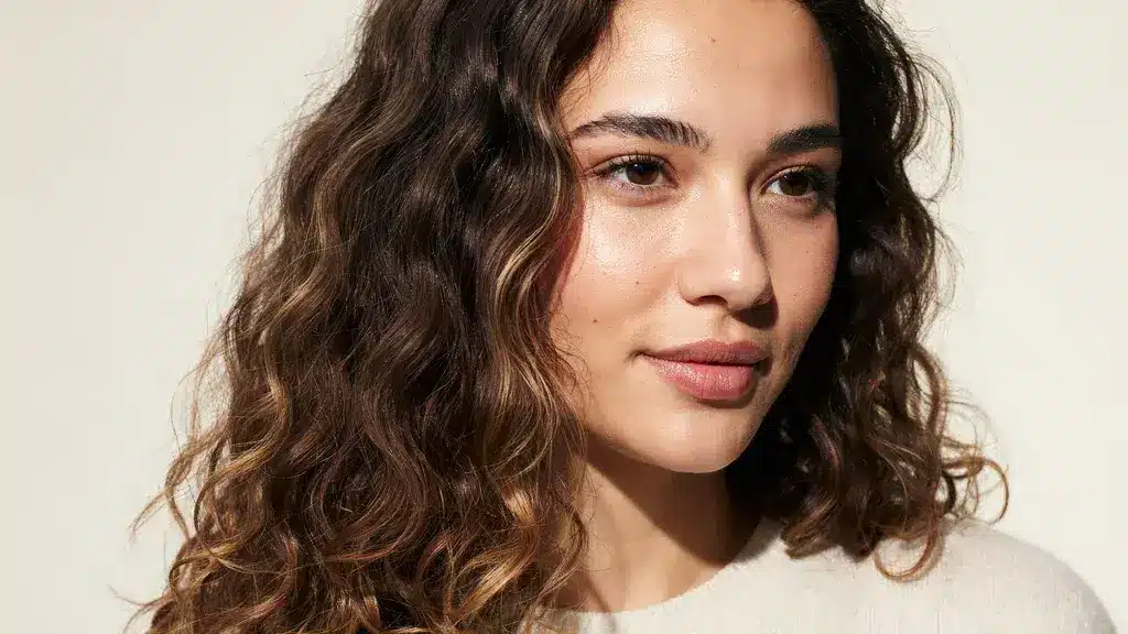 Dark brown curly hair with soft caramel highlights styled in voluminous waves with natural texture and layered movement