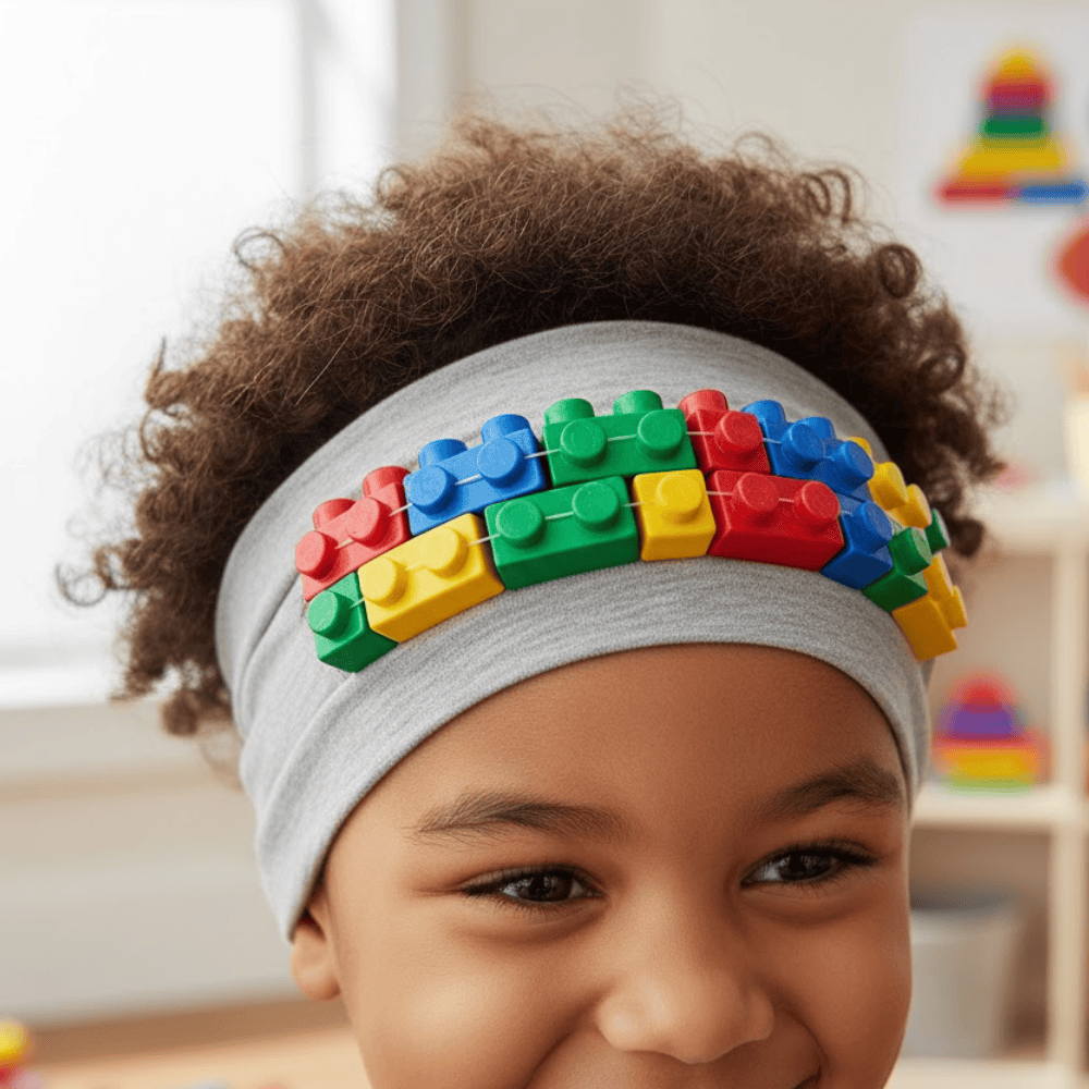 Child wearing a headband decorated with colorful building blocks for a creative crazy hair day style.