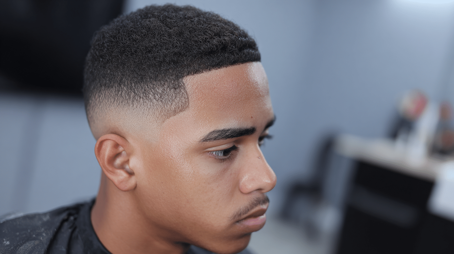 Man with a temple fade buzz cut featuring faded temples and short textured hair.