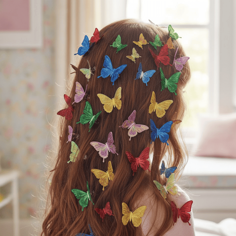 Back view of a child with long brown hair decorated with colorful butterfly clips in soft indoor light.