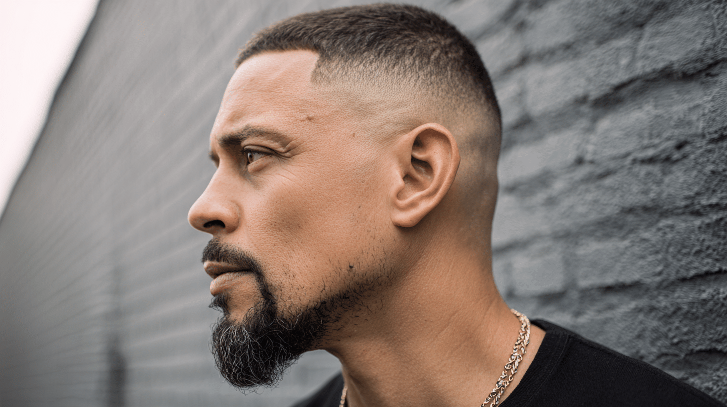 Man with a buzz fade haircut and goatee featuring short textured hair.