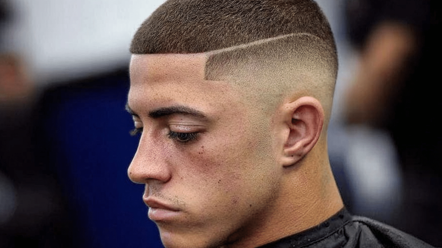 Man with a buzz fade and hard part haircut featuring a defined shaved side line.