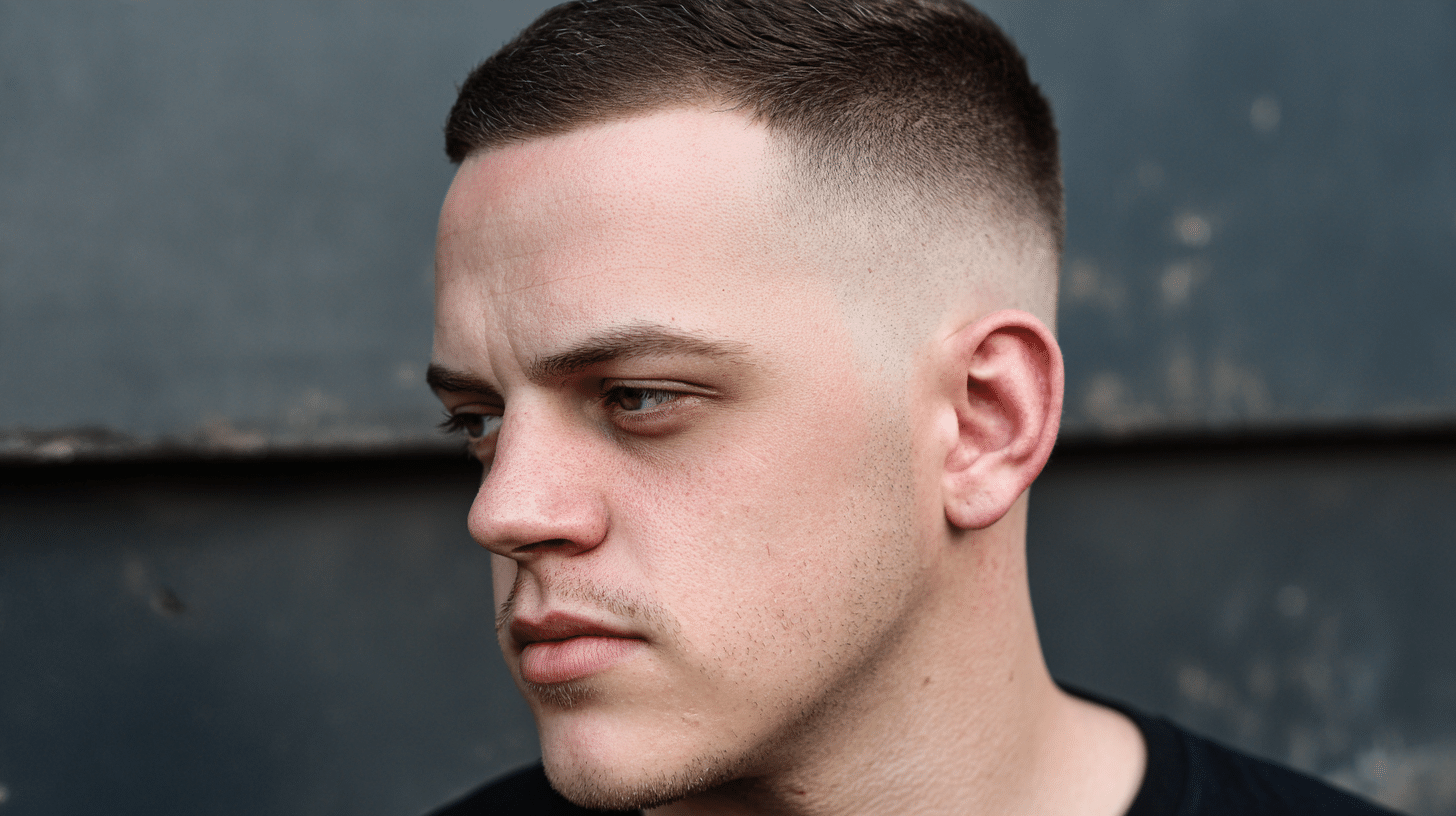 Man with a buzz fade haircut featuring added height on top and tapered sides.