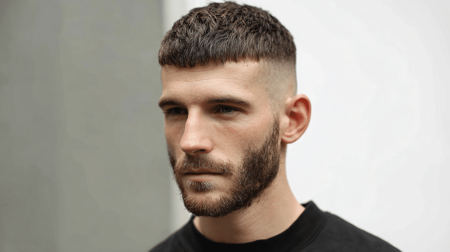 Man with Caesar haircut featuring short fringe and neatly trimmed sides