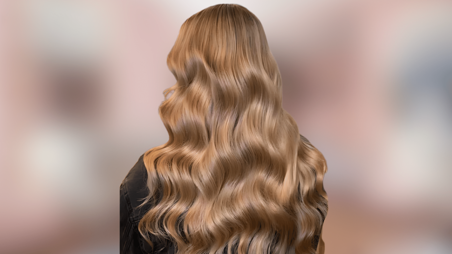 Shoulder length wavy hairstyle with rich caramel blonde color and warm golden highlights