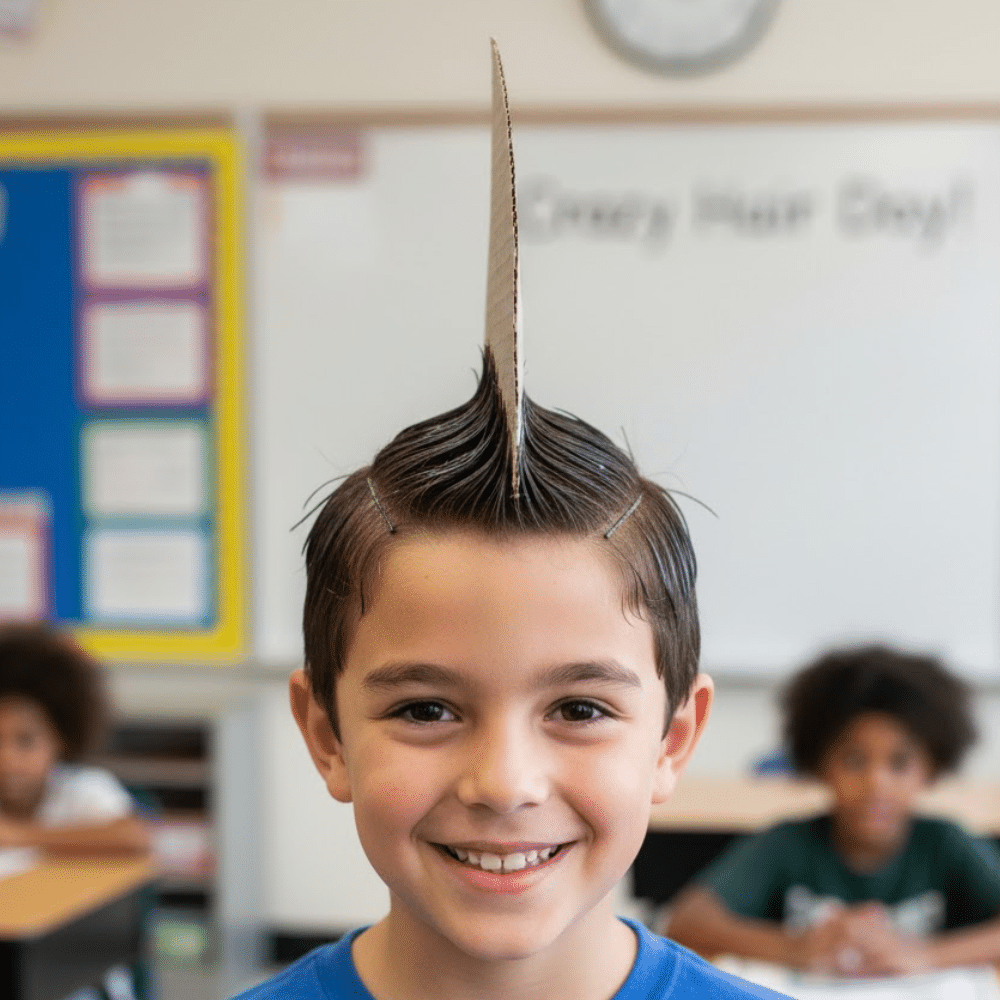 Smiling boy in classroom with a cardboard shark fin styled into a tall mohawk hair design.