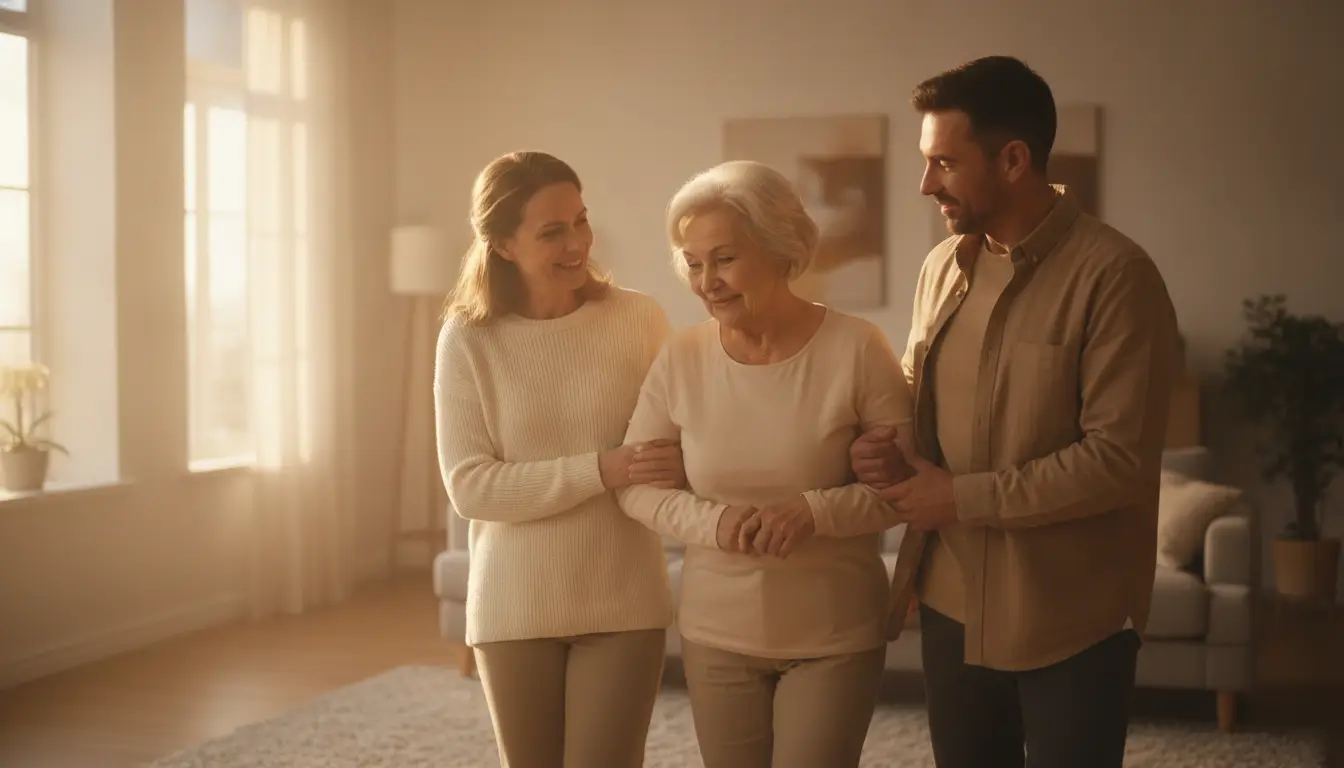 Two adults gently supporting elderly woman in cozy living room with warm lighting