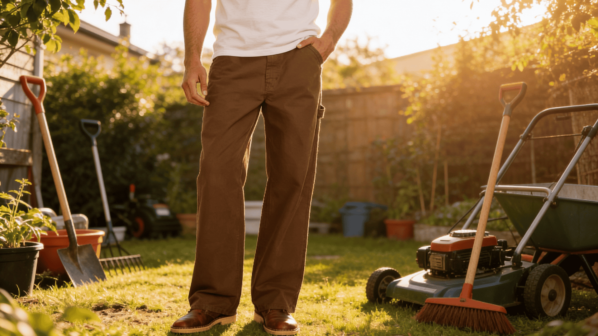 Canvas carpenter pants for men paired with a tshirt in garden setting