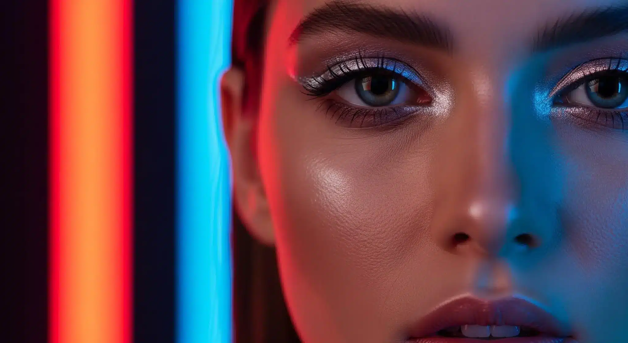 Close-up of woman's face with metallic eyeshadow and colorful lighting in a studio setting