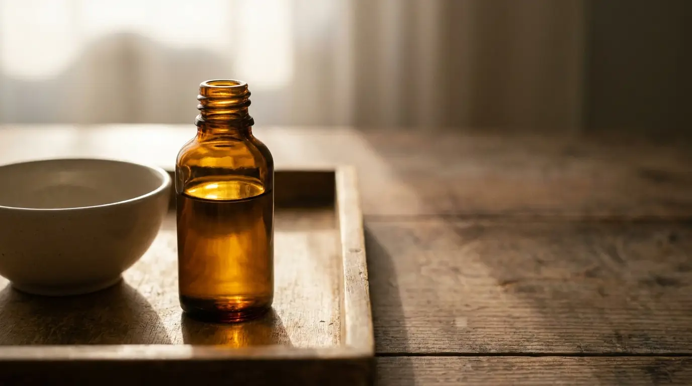 Amber glass bottle and white bowl on wooden tray in natural light