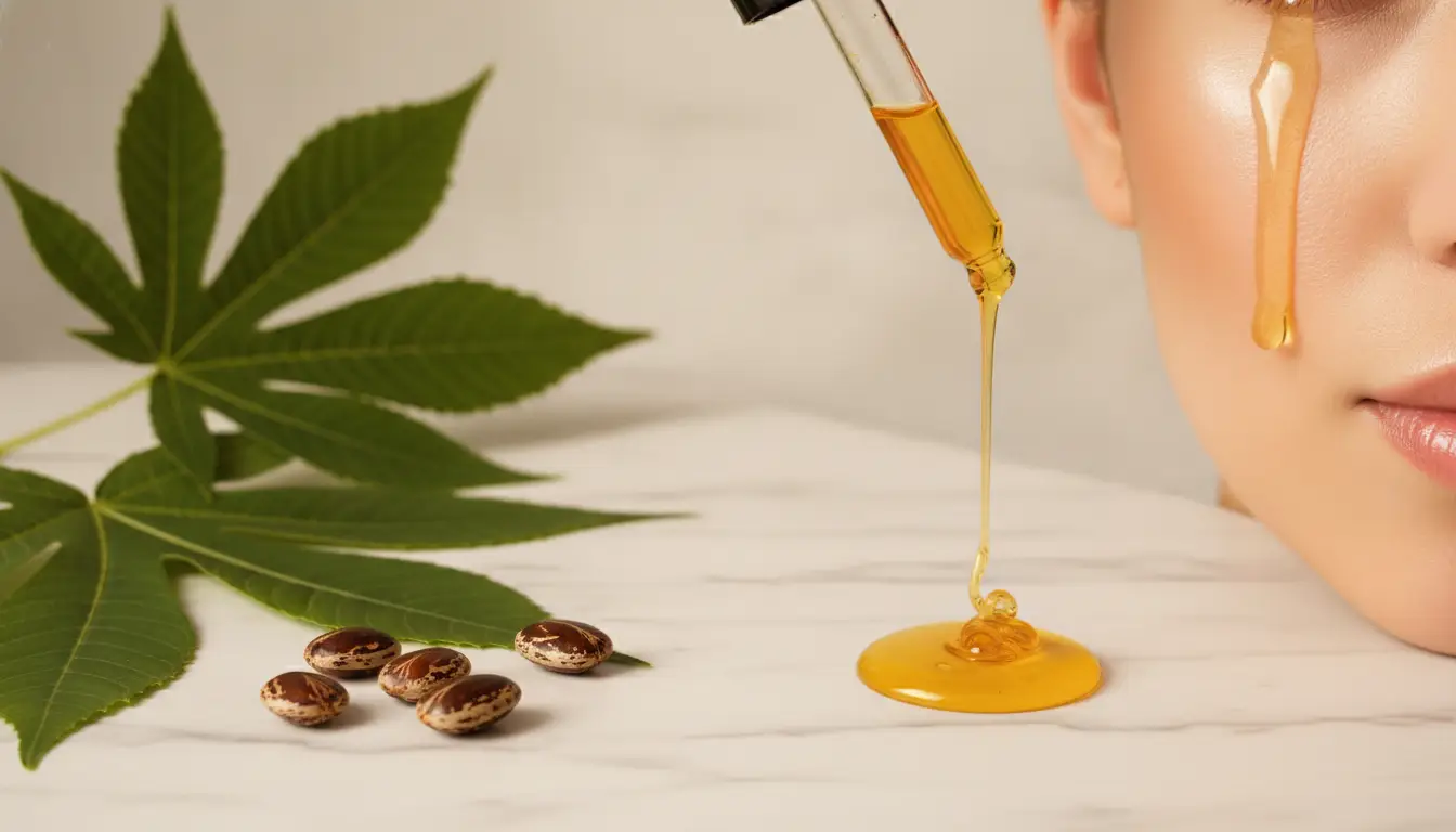 Dropper pouring golden oil beside castor seeds and leaf on white surface