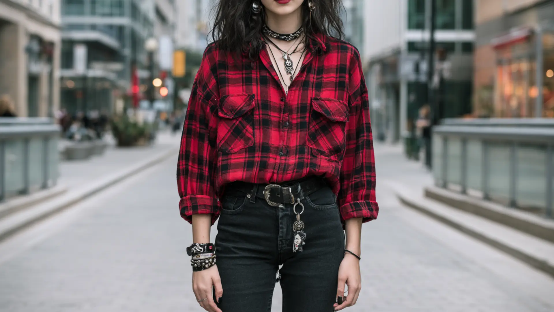 casual 80s punk outfit with flannel shirt black jeans and sneakers