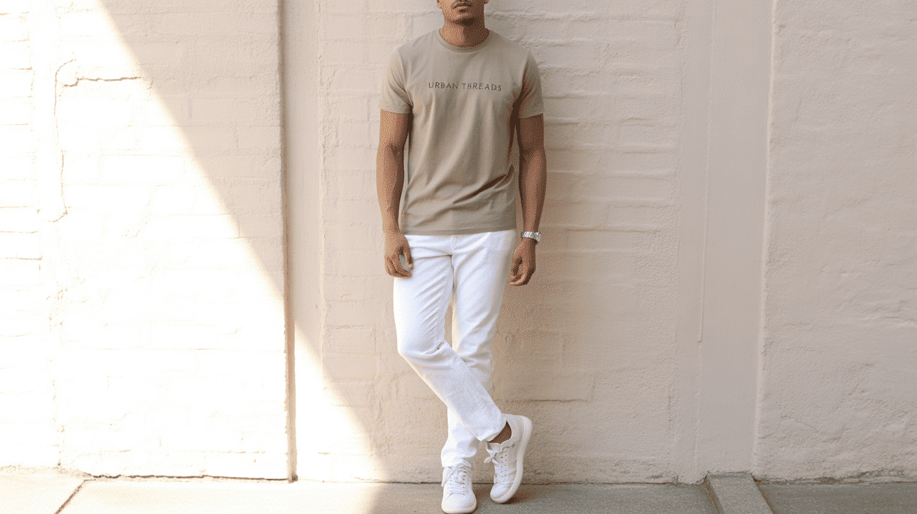 Khaki T shirt paired with white pants and sneakers creating a clean casual outfit for everyday style