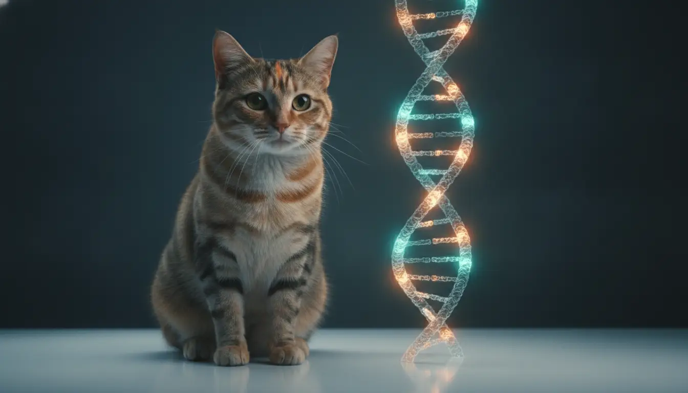 Tabby cat sitting beside illuminated DNA helix structure on reflective surface