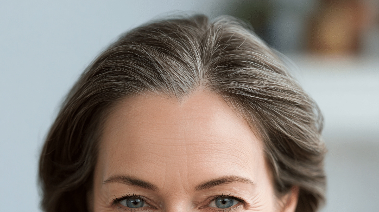 Natural hairline showing a subtle widow’s peak shape with a central point at the forehead and parted hair strands