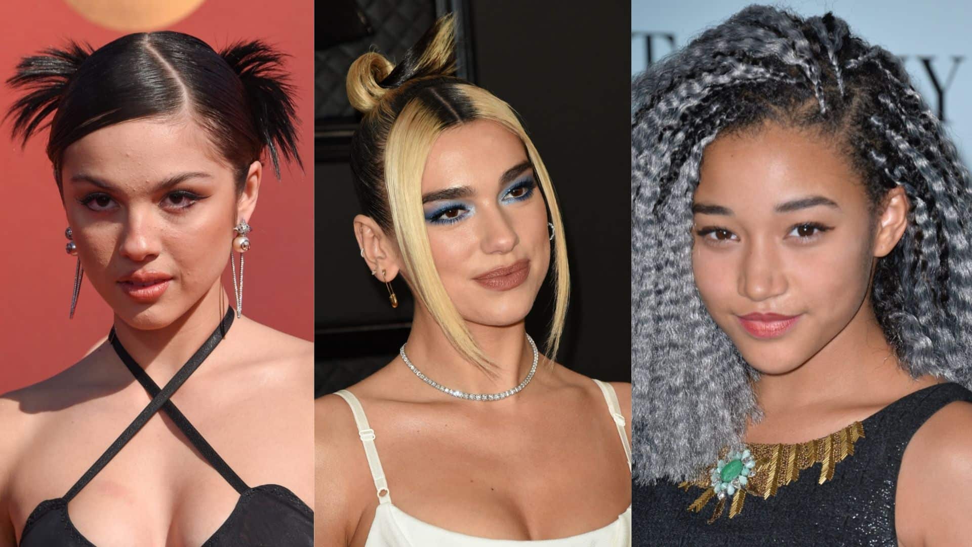 Three celebrities showing Y2K hairstyles side by side: spiky pigtail buns, a bleach blonde bangs with dark hair, and crimped textured hair.