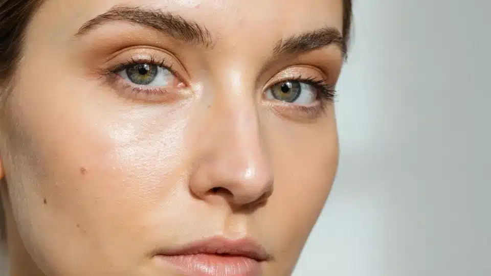 Woman wearing champagne beige eyeshadow with a soft shimmer for a bright natural eye look.