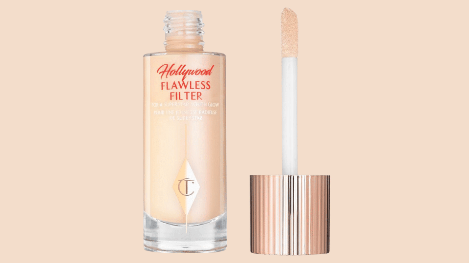 Charlotte Tilbury Hollywood Flawless Filter bottle with liquid cream makeup formula displayed on a clean surface with packaging