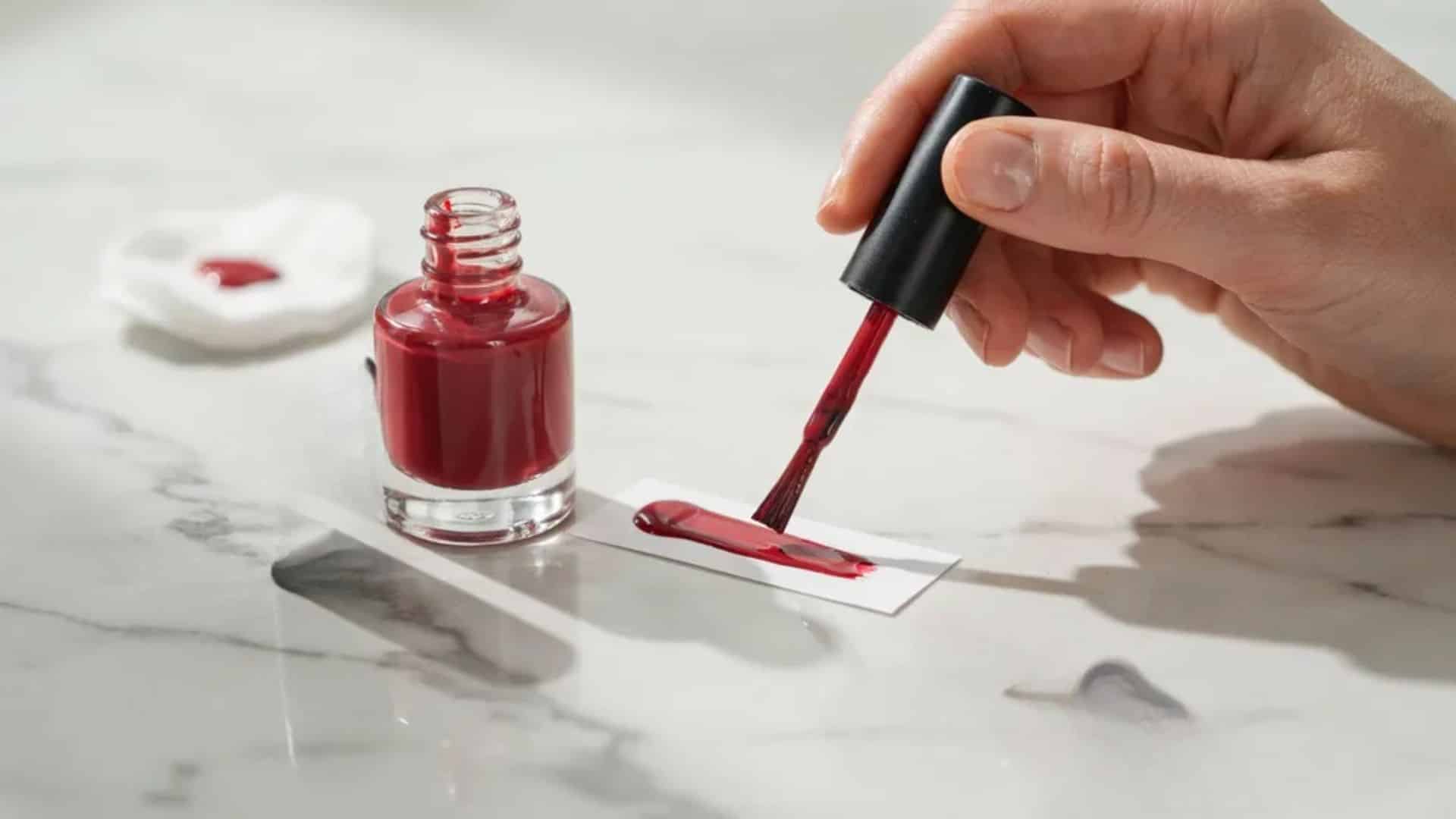 Testing deep cherry red nail polish texture on paper to check smooth consistency after thinning
