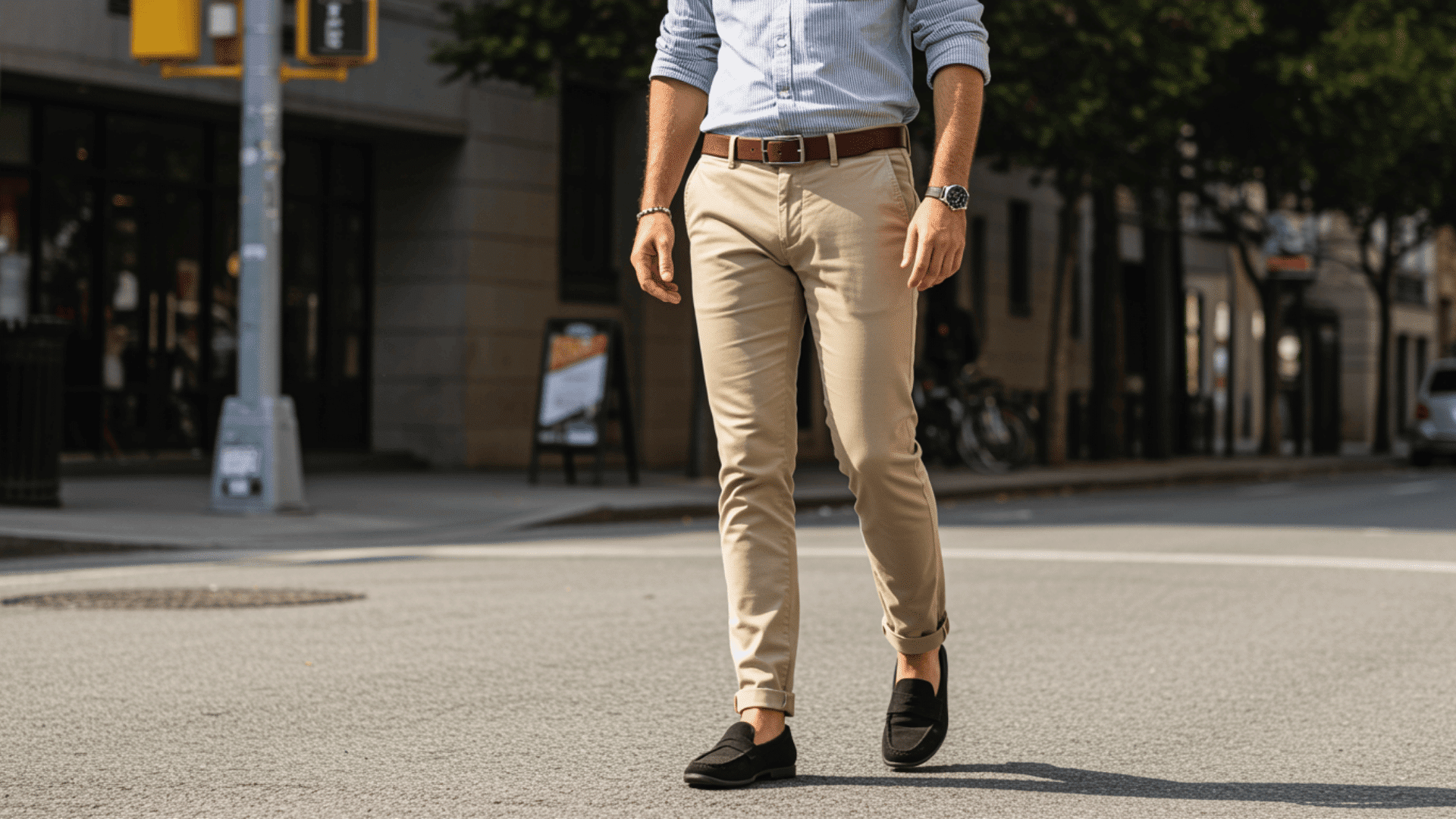 Cotton twill chino pants for men paired with shirt