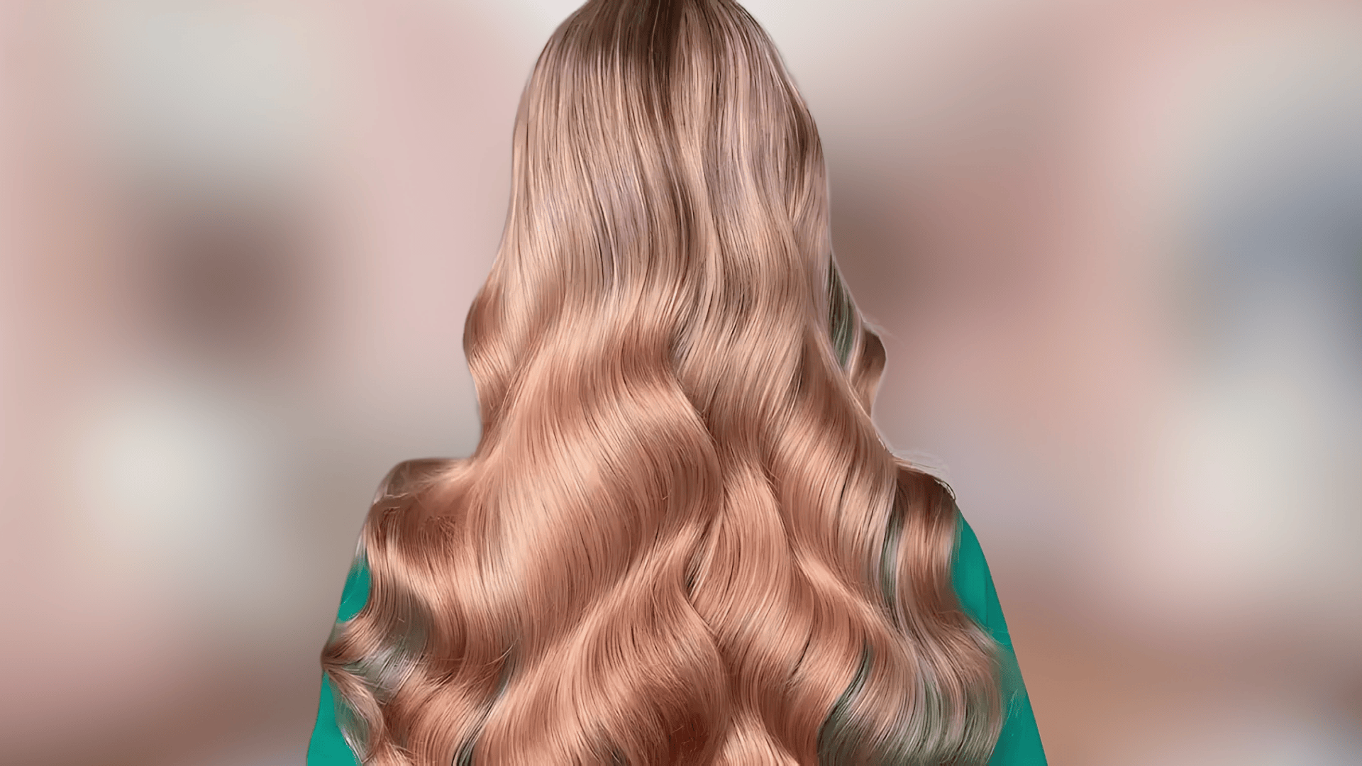 Shoulder length waves showing cinnamon blonde hair with warm reddish golden hues