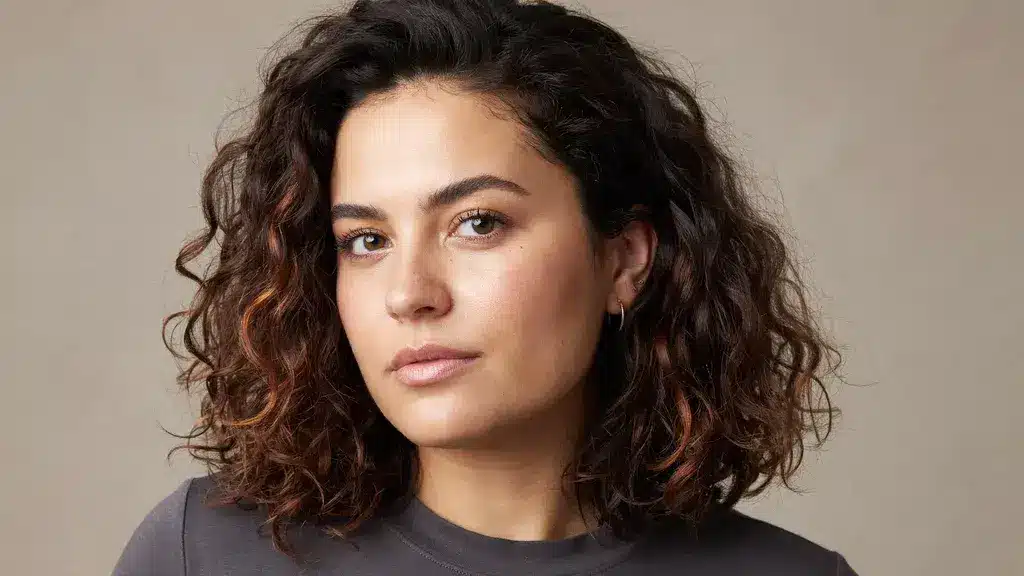 Dark brown curly hair with warm caramel highlights styled in a voluminous shoulder length cut with defined natural curls and texture
