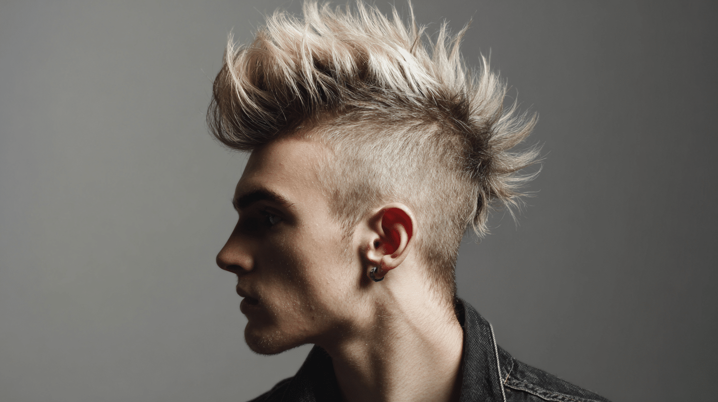 Man with medium mohawk hairstyle and bold raised center hair