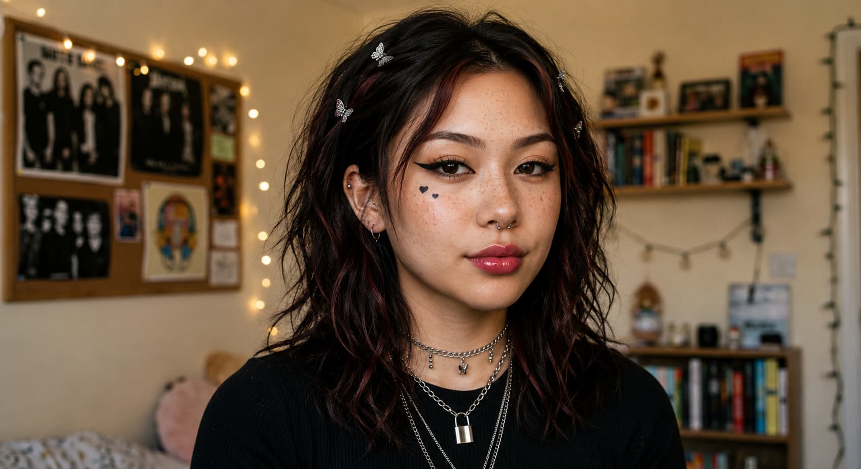 Woman with wavy dark hair, butterfly clips, winged eyeliner, a heart under her eye, and layered chain necklaces.