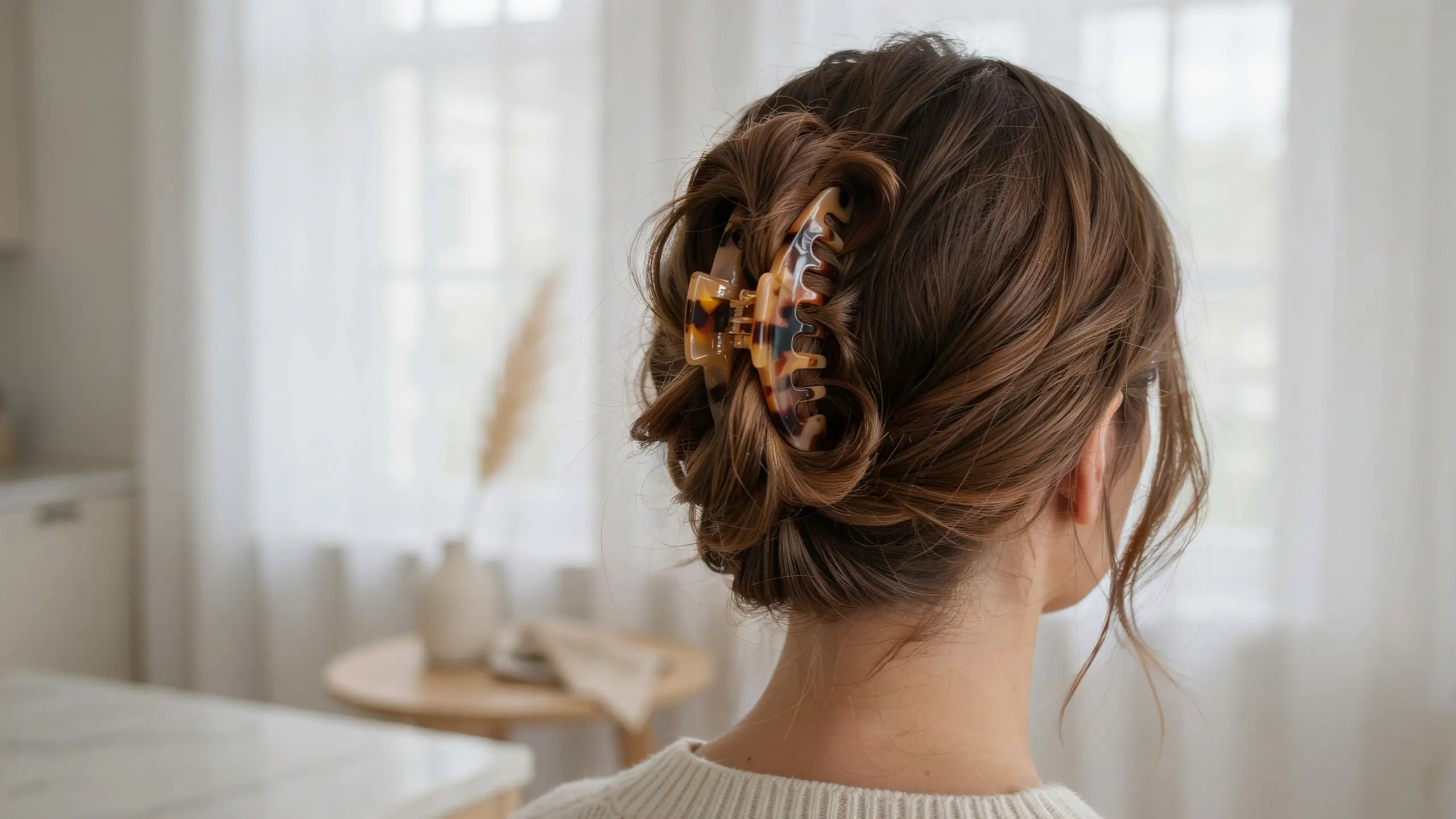 Claw clip updo hairstyles with a twisted, textured low bun