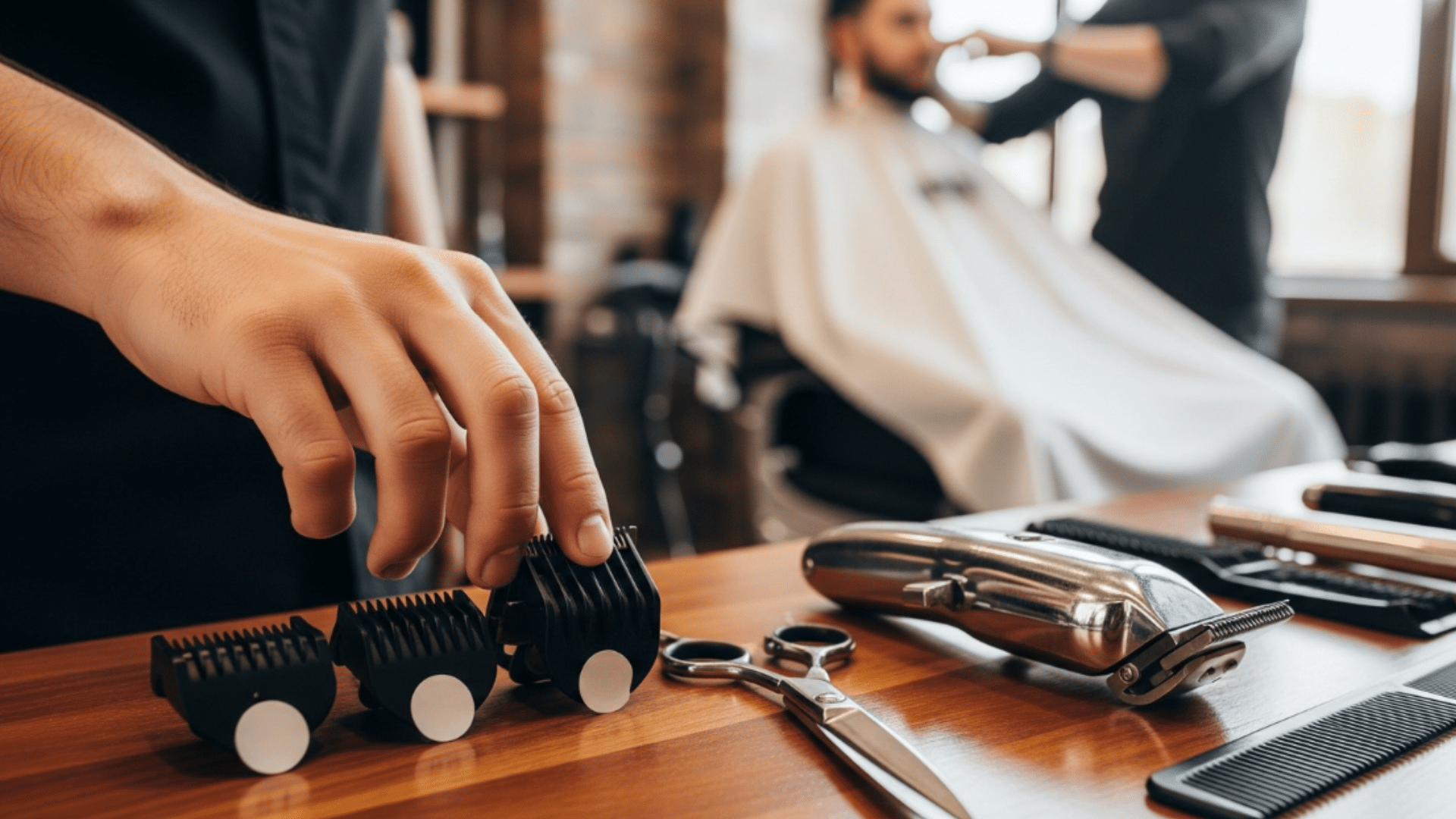 Barber selecting clipper guards on a wooden table during a haircut consultation to choose the right haircut number for men’s hairstyles.