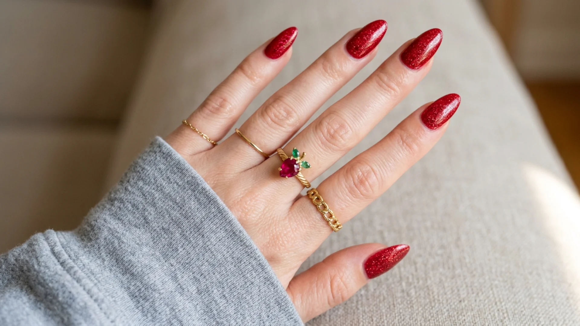 Elegant holiday inspired nail look featuring deep red sparkly polish on long nails with a glossy finish