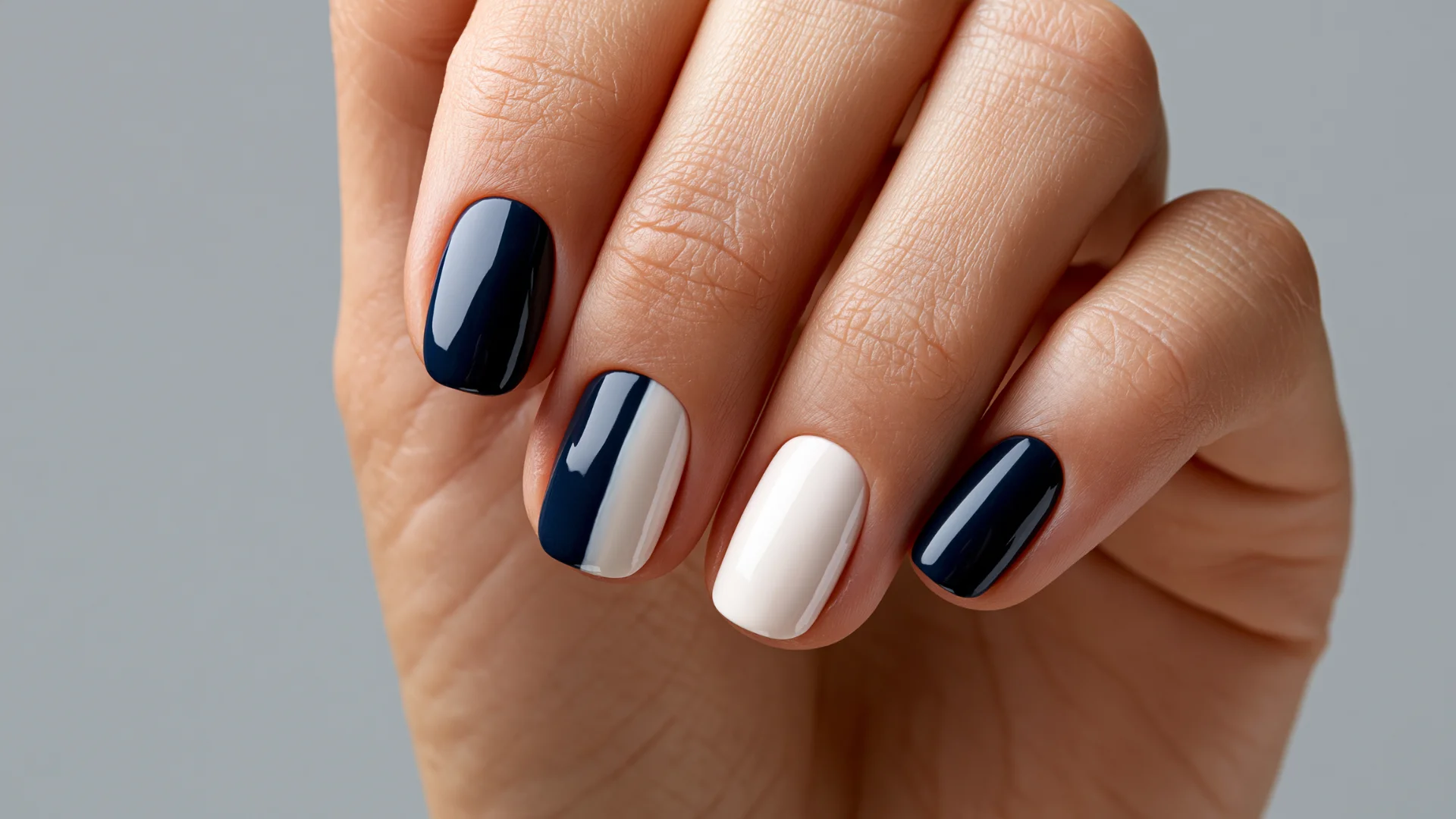 Hand showcasing a sophisticated navy and white nail design with smooth polish and rounded nail shapes