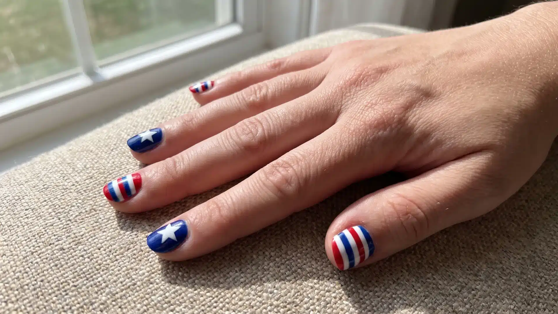 Festive red white and blue nail art featuring flag inspired patterns and bold patriotic designs on each nail