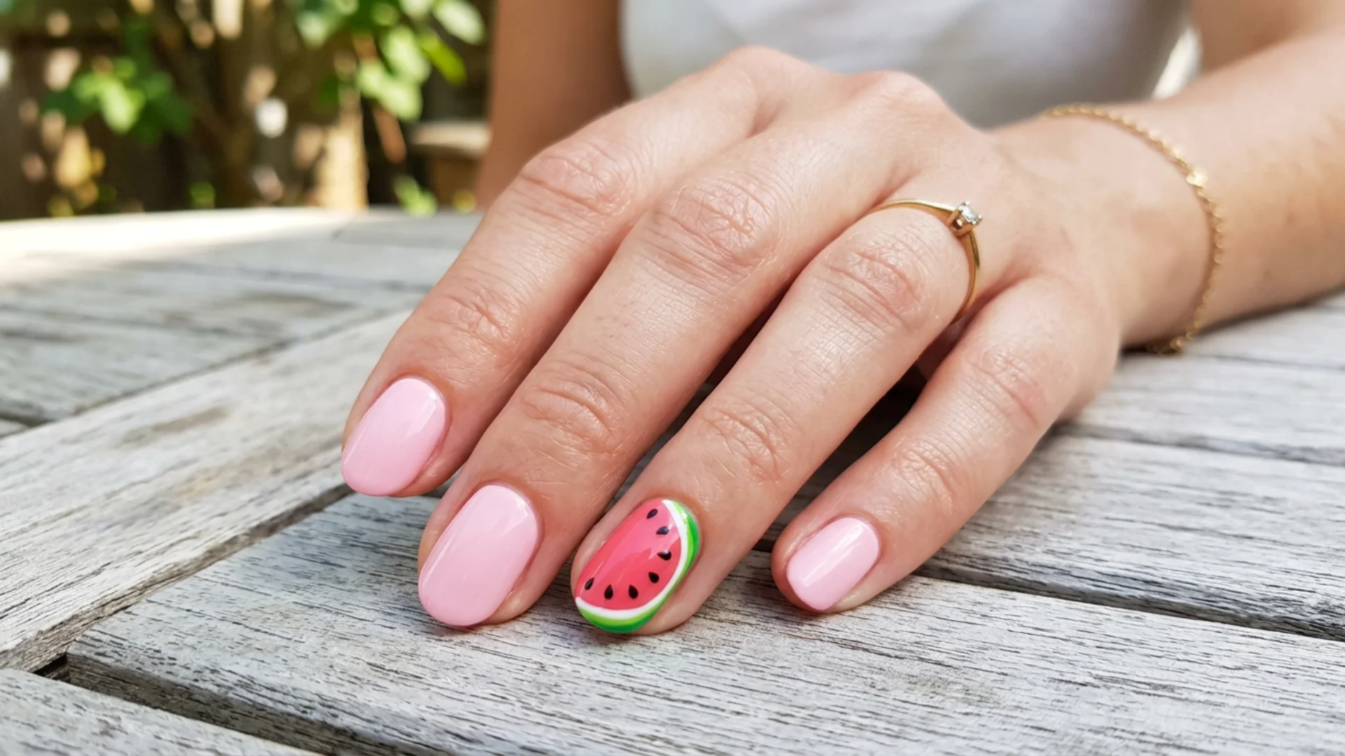 Close view of creative summer manicure with pink nails and a colorful watermelon themed accent design on one nail