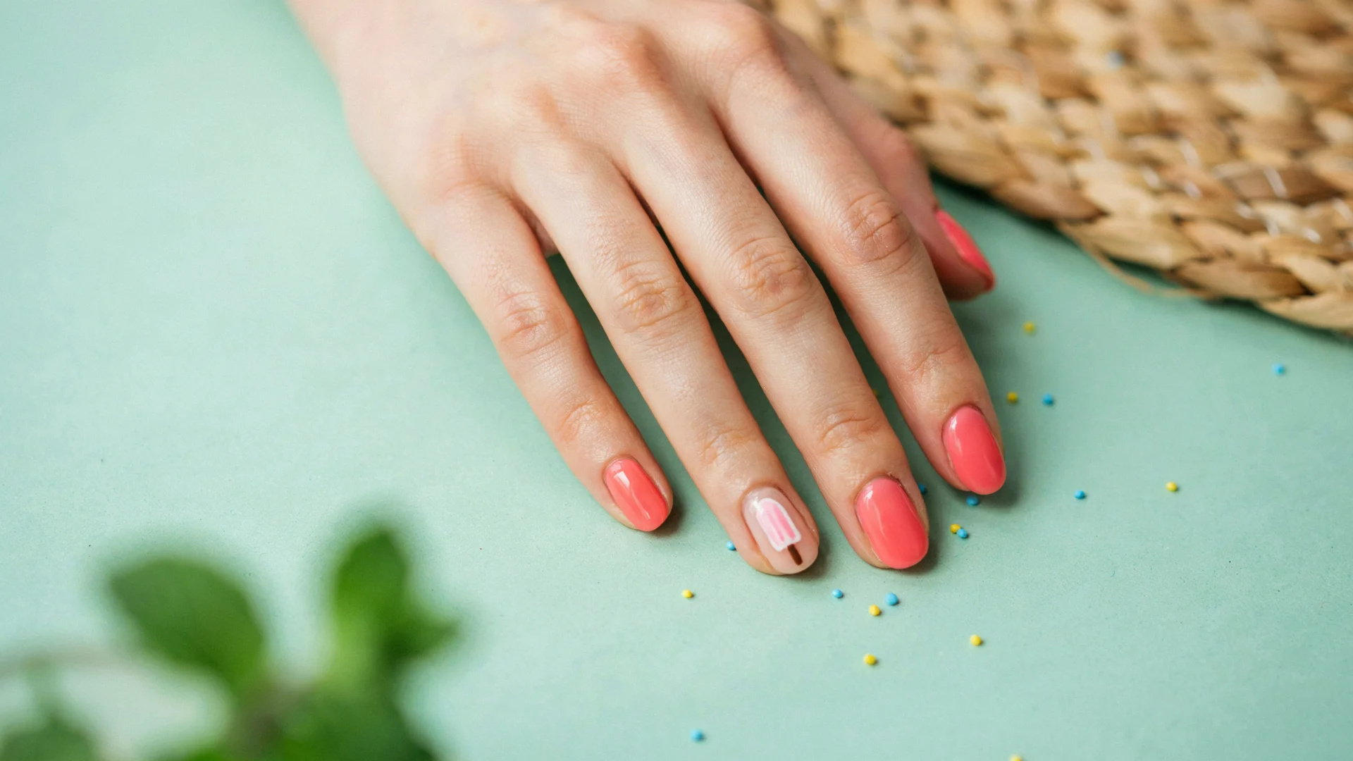 Creative summer manicure featuring coral pink nails with a tiny popsicle accent design and glossy rounded nail finish
