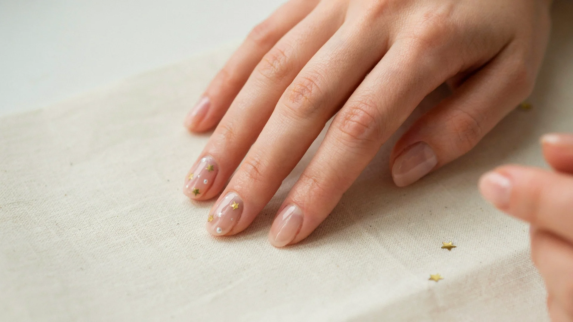 Close view of simple nude nail design with tiny metallic star accents and a clean glossy finish on short nails