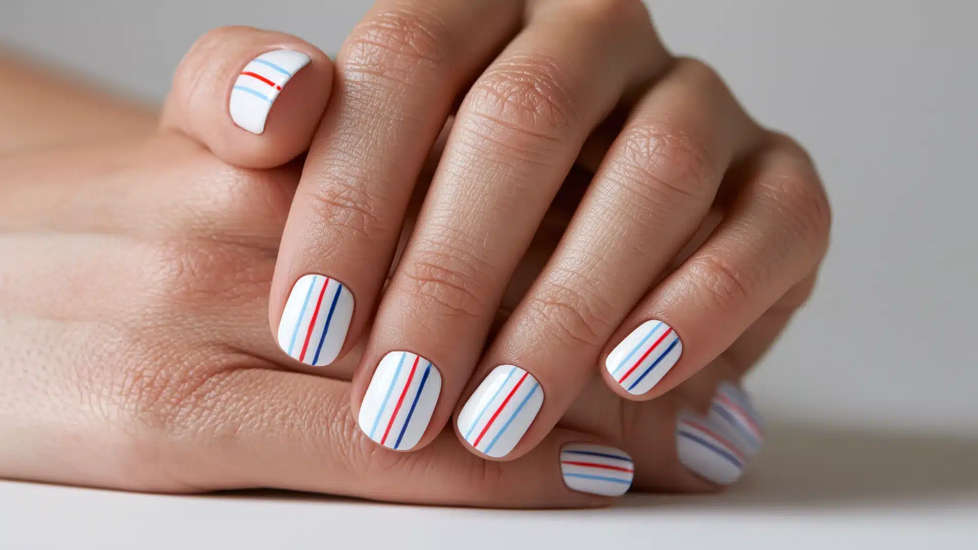 Detailed close up of stylish nail art showing smooth white polish with thin parallel red and blue stripe patterns