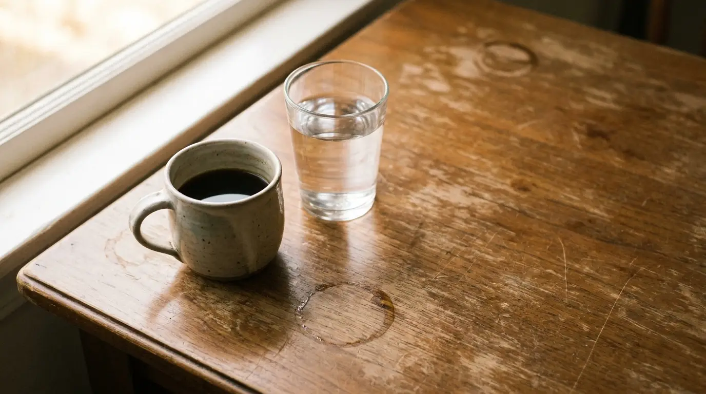 Ceramic mug of coffee and glass of water on rustic wooden table near window