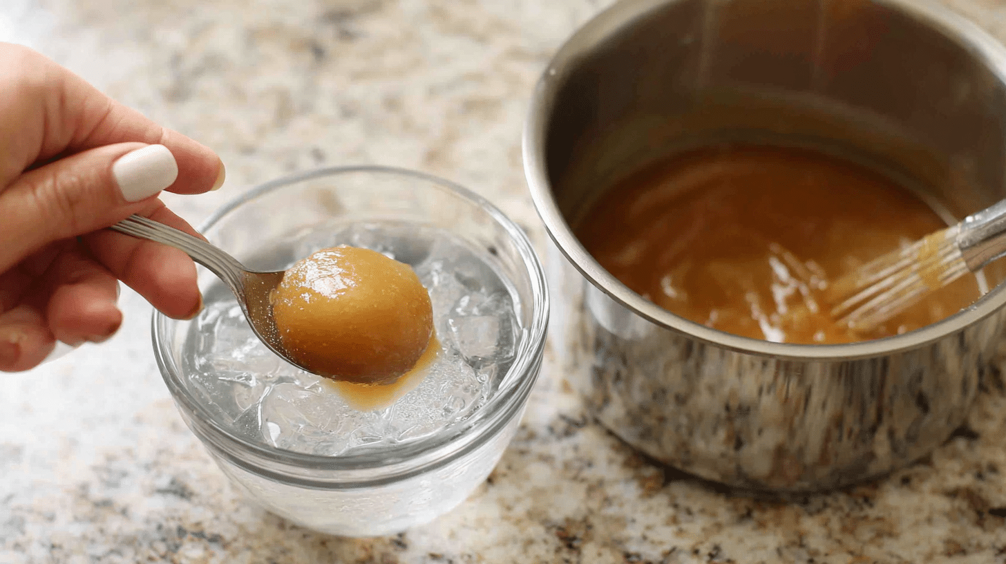 Testing sugar wax color and consistency during cooking process