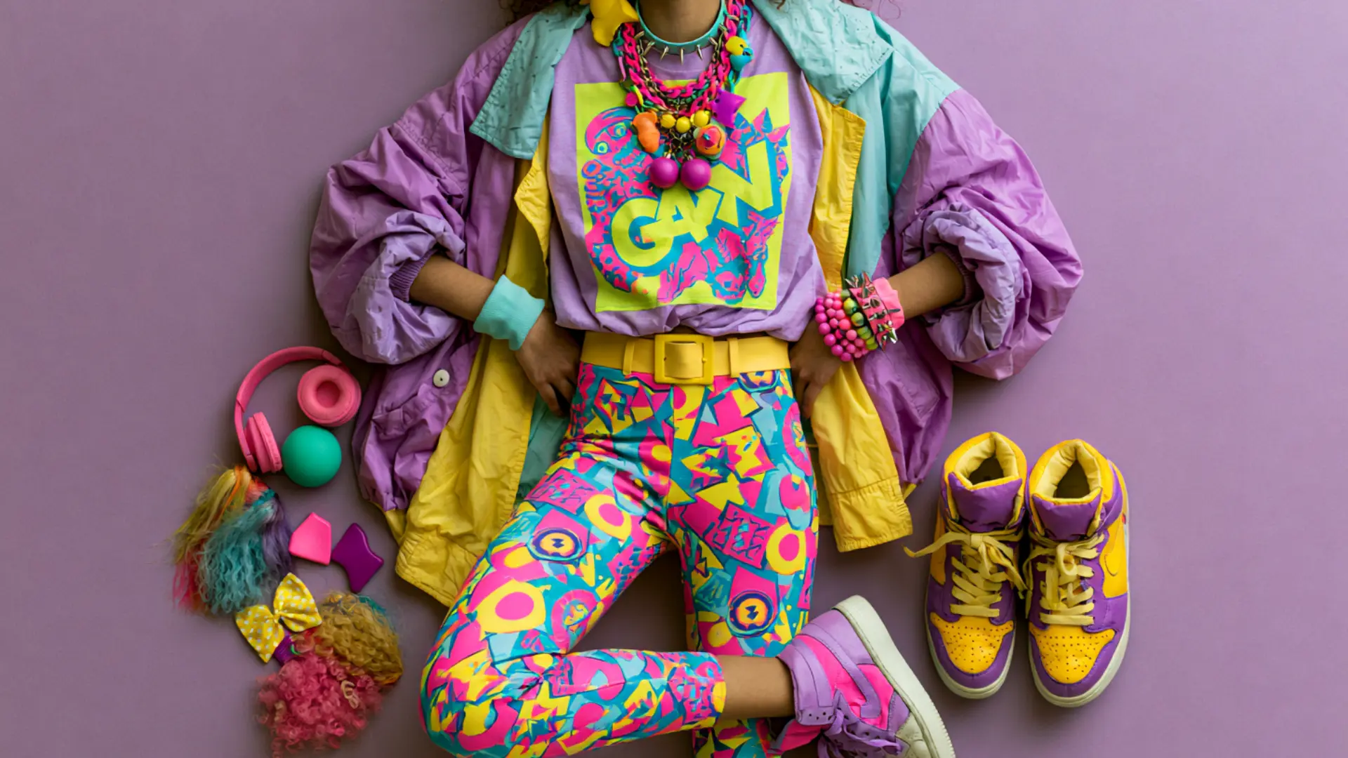 colorful 80s punk outfit with neon top printed leggings and sneakers